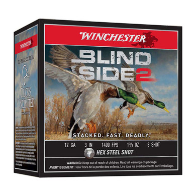 Winchester 12 Gauge 3" 1 3/8oz 1400 FPS Blind Side 2 Hex Steel Shot Waterfowl Loads Front Box Image