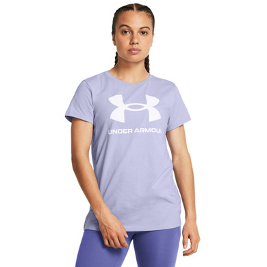 Under Armour Women's Sportstyle Graphic Short Sleeve Shirt Image in Celest-White