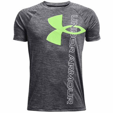 Under Armour Boy's Tech Split Logo Hybrid Short Sleeve T-Shirt Image in Black-Quirky Lime