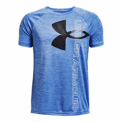 Under Armour Boy's Tech Split Logo Hybrid Short Sleeve T-Shirt Image in Versa Blue- Black