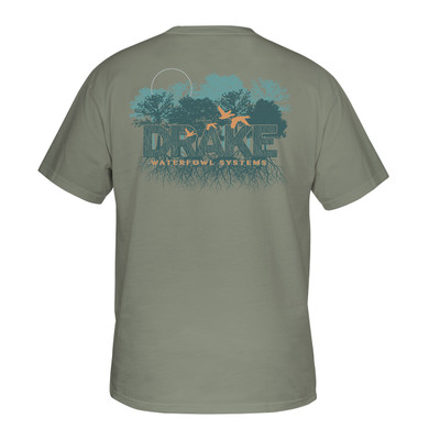 Drake Waterfowl Deep Roots Short-Sleeve T-Shirt Back Image in Desert Sage