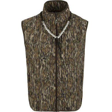 Drake Waterfowl MST Camo Camp Fleece Vest Image in Mossy Oak Bottomland