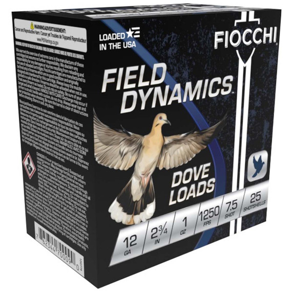 Fiocchi 12 Gauge 2 3/4" 1oz 1250FPS Field Dynamics Dove & Quail Loads Box Image