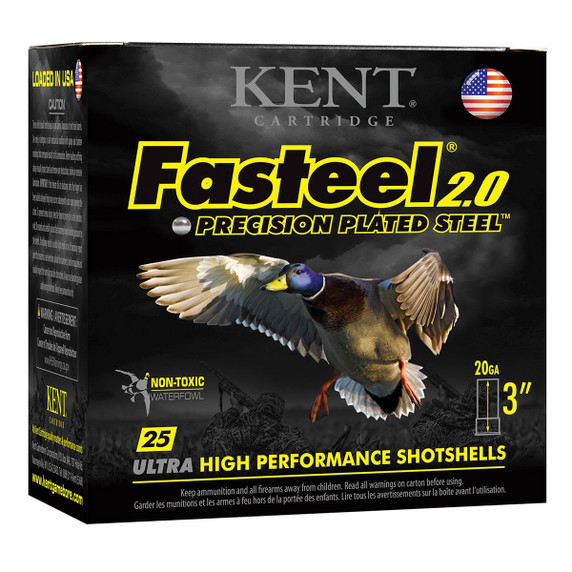 Box Image of the Kent 20 Gauge 3" 7/8 oz. 1550 FPS Fasteel 2.0 Precision Plated Steel Waterfowl Loads.
