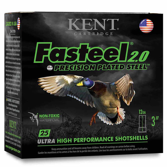 Box Image of the Kent 12 Gauge 3" 1 3/8oz 1300FPS Fasteel 2.0 Precision Plated Steel Waterfowl Loads.
