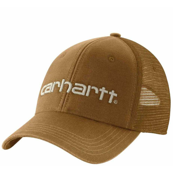 Carhartt Canvas Mesh-Back Logo Cap Image in Oiled Walnut Deep Ocean