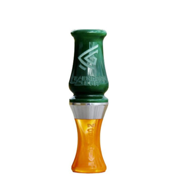 Image of the Legendary Gear Nose Dive Double Reed Duck Call in Green/Orange Pearl Venom