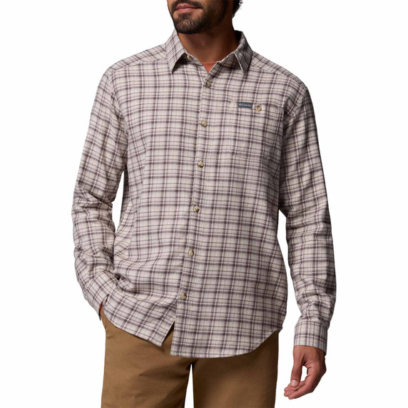 Image of the Columbia Cornell Woods Flannel Long Sleeve Shirt in Dark Stone Cozy Check
