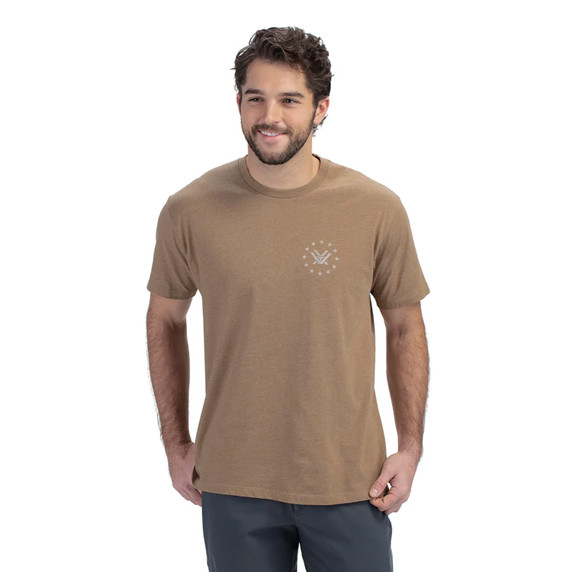 Vortex Salute Short Sleeve T-Shirt Front Model Image in Coyote Heather