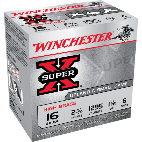 Winchester 16 Gauge 2 3/4" 1 1/8oz 1295FPS Super-X High Brass Upland & Small Game Shotshells Box Image