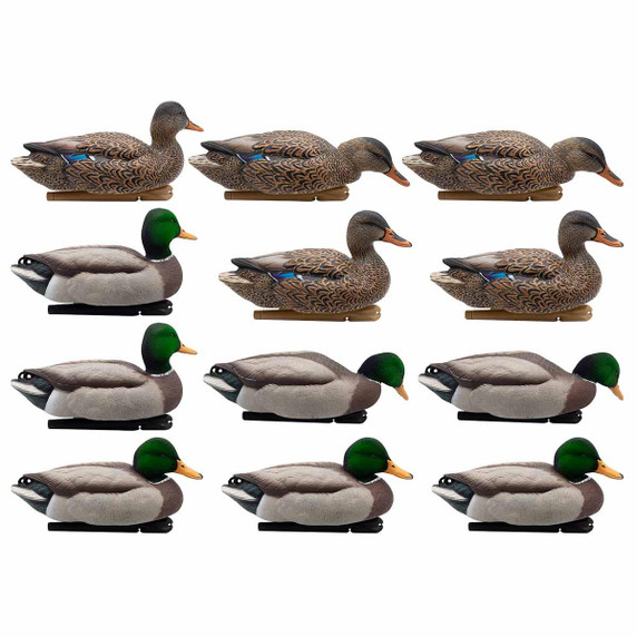 TopFlight Floating Duck Decoys Fusion Pack with Flocked-Headed Mallard Drakes - 12 Pack