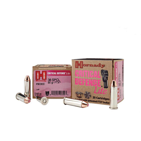 Image of the Hornady 38 Special 90 Grain FTX Critical Defense Lite Pistol Ammunition box.