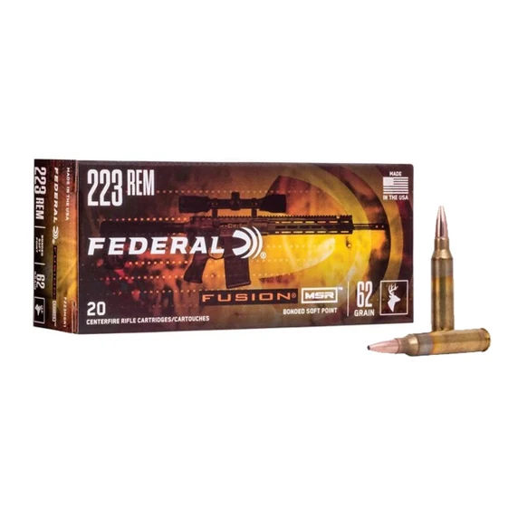 Box image of Federal 223 Remington 62 Grain 2750 FPS Soft Point Fusion MSR Rifle Ammunition.