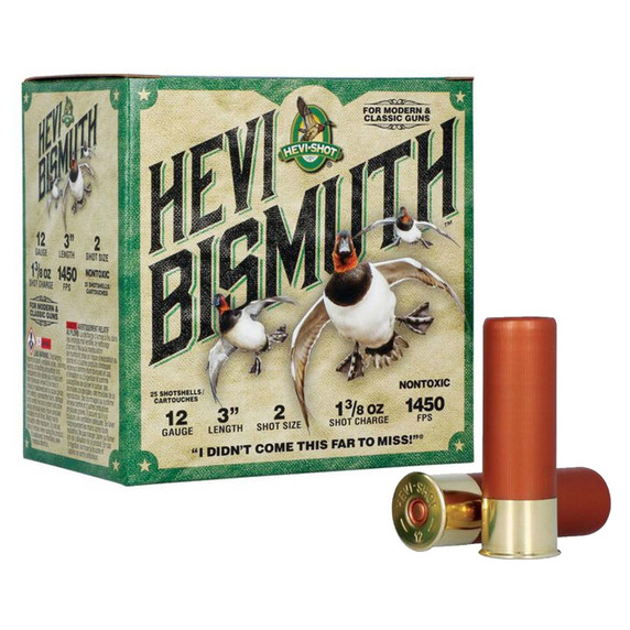 Box and Shells Image of the Hevi-Shot 12 Gauge 3" 1 3/8oz 1450FPS Hevi Bismuth Shotgun Shells.