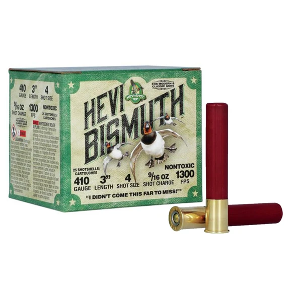 Box and Shells Image of the Hevishot HEVI-Bismuth 410 3" Bore 9/16oz 1300FPS Waterfowl Loads.