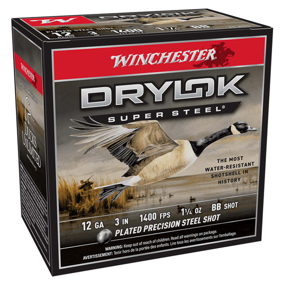Front Box Image of the Winchester 12 Gauge 3" 1 1/4 oz 1400 FPS DryLok Super Steel Waterfowl Loads in BB