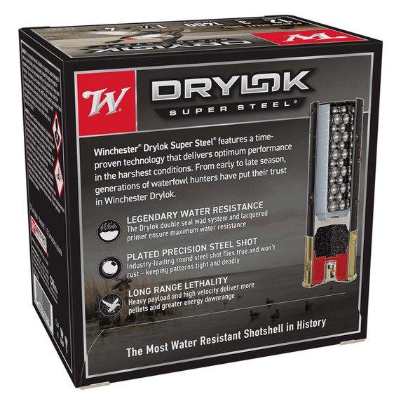 Back of Box Image of the Winchester 12 Gauge 3" 1 1/4 oz 1400 FPS DryLok Super Steel Waterfowl Loads.
