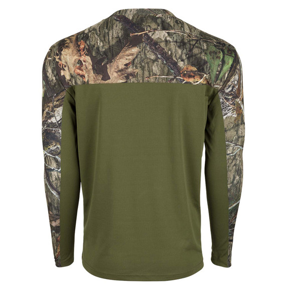 Drake Waterfowl Performance Long Sleeve Crew with Agion XL Back Image in Mossy Oak Country DNA