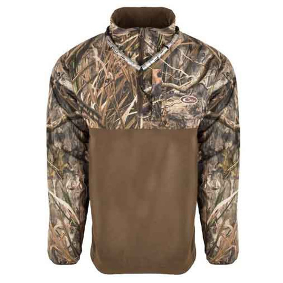 Drake Waterfowl MST 1/4 Zip Refuge Eqwader Jacket Front Image in Mossy Oak Habitat