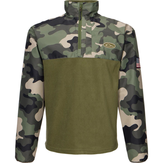 Drake Waterfowl MST 1/4 Zip Refuge Eqwader Jacket Front Image in Woodland Camo