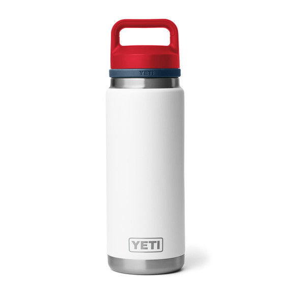 Yeti Rambler 26 oz. Water Bottle with Chug Cap Top Image in White/Navy/Red