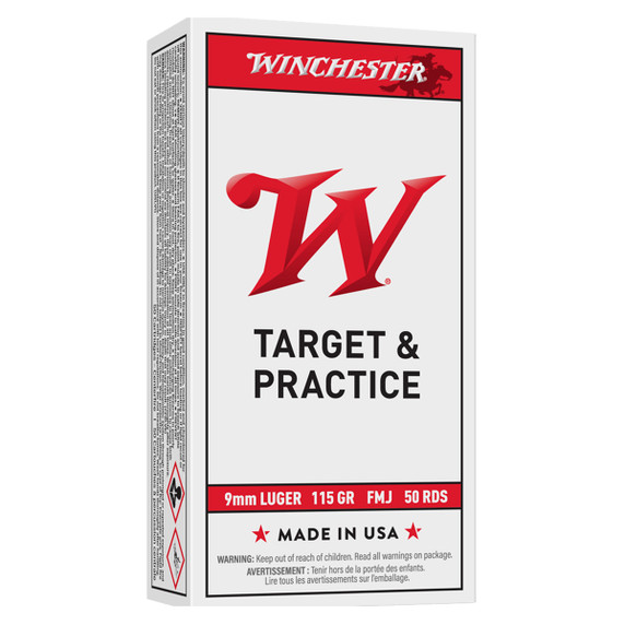 Winchester 9mm 115 Grain Target and Practice Pistol Ammunition Product Box Image