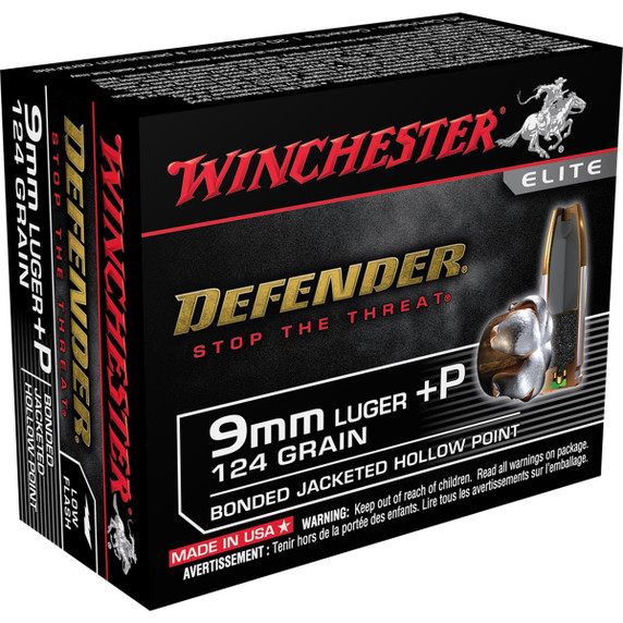 Winchester 9mm Luger +P Defender Bonded Jacketed Hollow Point 124 Grain Box Image