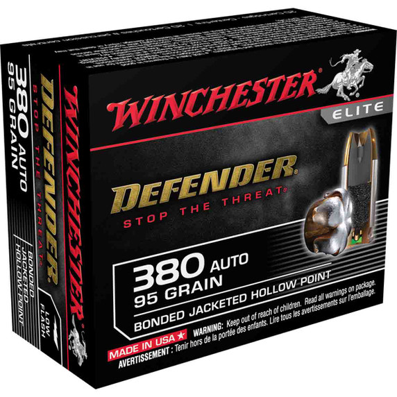 Winchester 380 Auto Defender 95 Grain Bonded Jacketed Hollow Point Pistol Ammunition