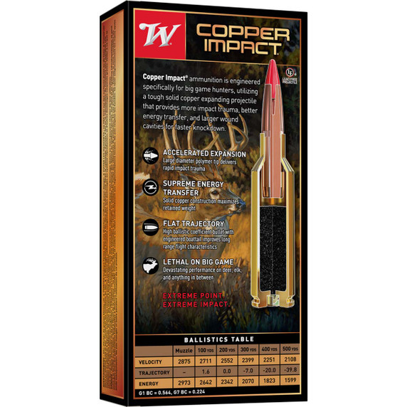 Rear box image of the Winchester 6.8mm Western162 Grain Extreme Point Copper Impact Rifle Ammunition