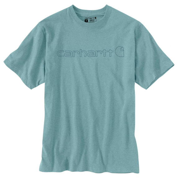 Carhartt Loose Fit Heavyweight Short Sleeve Logo Graphic T-Shirt Image in Summer Blue Heather Dusty Olive