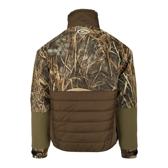 Drake Waterfowl LST Guardian Flex Double Down Eqwader Full Zip Back Image in Realtree Max 7.