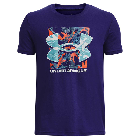 Under Armour Boy's Box Logo Camo Short Sleeve Shirt Image in Sonar Blue-Gray Mist