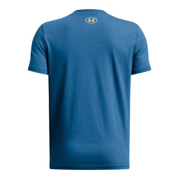 Under Armour Boy's Box Logo Camo Short Sleeve Shirt Back Image in Photon Blue-Wild Orange