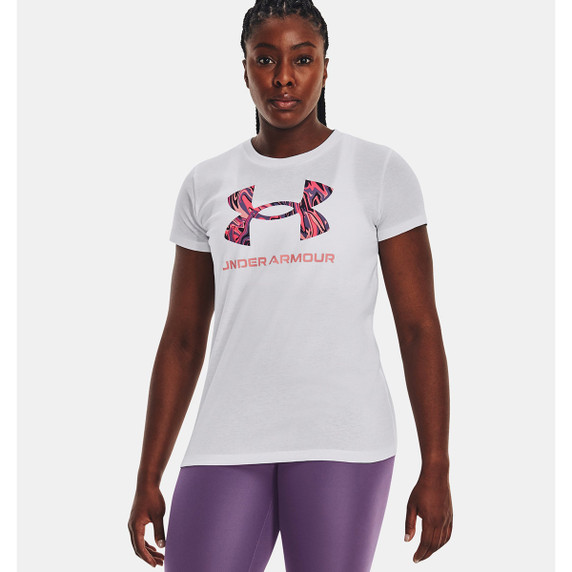 Under Armour Women's Sportstyle Graphic Short Sleeve Shirt Image in White Posh Pink