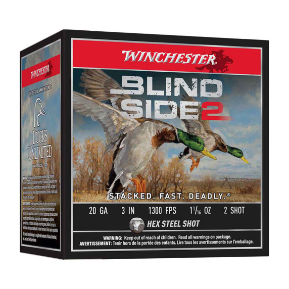 Winchester 20 Gauge 3" 1 1/16 oz. Blind Side 2 Hex Steel Shot, Case of 250 Front Box Image