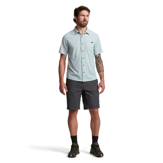 Sitka Mojave Button Down Short-Sleeve Shirt Front Model Image in Blue Haze
