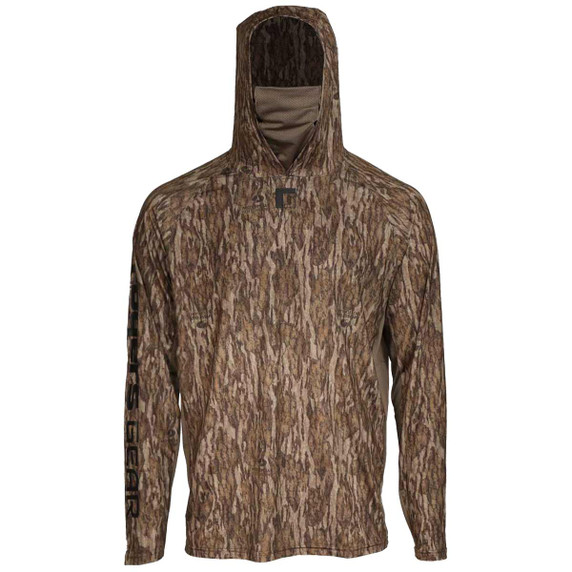 Image of Rogers Elite Chill Hoodie with Bug Protection in Mossy Oak Bottomland Front View with Hood Up