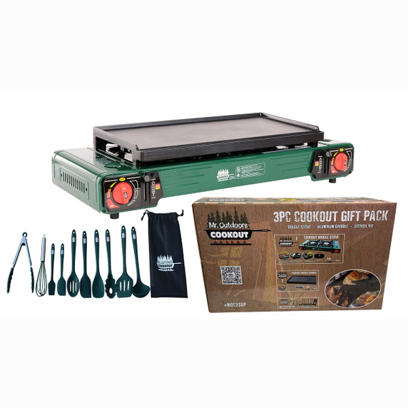 Double Butane Stove, Griddle and Utensils 3-Piece Gift Pack