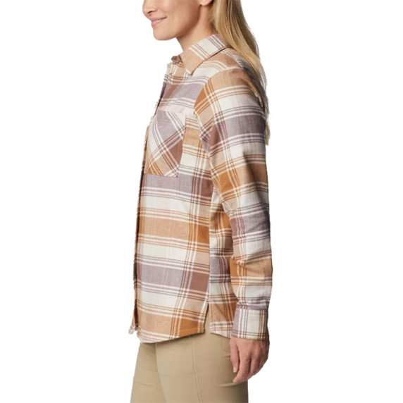 Women's Calico Basin Flannel Long Sleeve Shirt Side Image in Dusty Pink Dimensional Buffalo