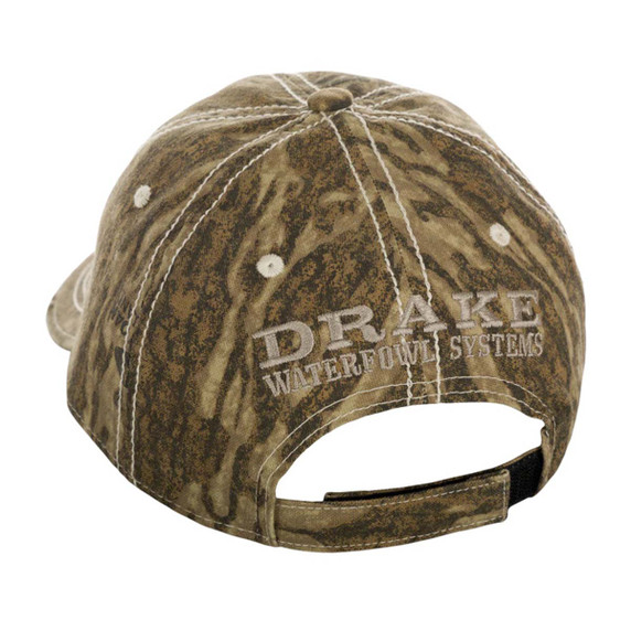 Drake Waterfowl Distressed 6-Panel Ball Cap Back Image in Mossy Oak Bottomland