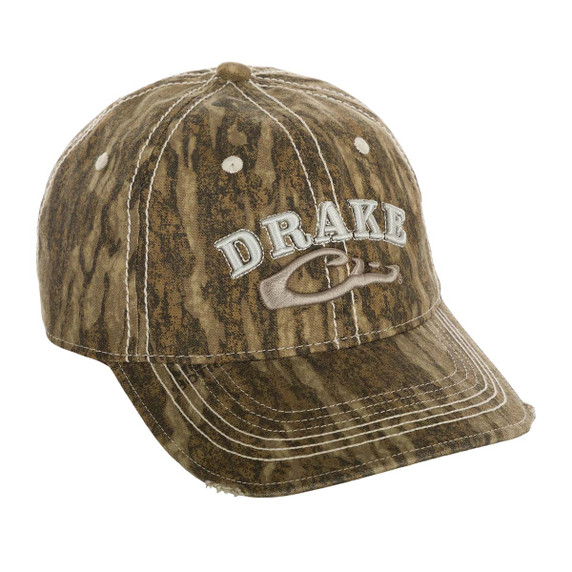 Drake Waterfowl Distressed 6-Panel Ball Cap Image in Mossy Oak Bottomland