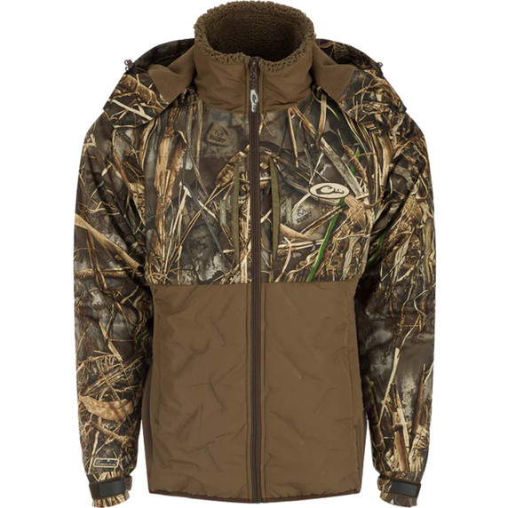 Drake Youth LST Guardian Flex Double Down Eqwader Hooded Full Zip Image in Realtree Max 7
