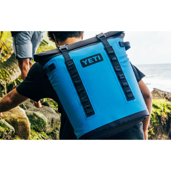 Yeti Hopper M20 Soft Backpack Cooler Lifestyle Image in Big Wave Blue