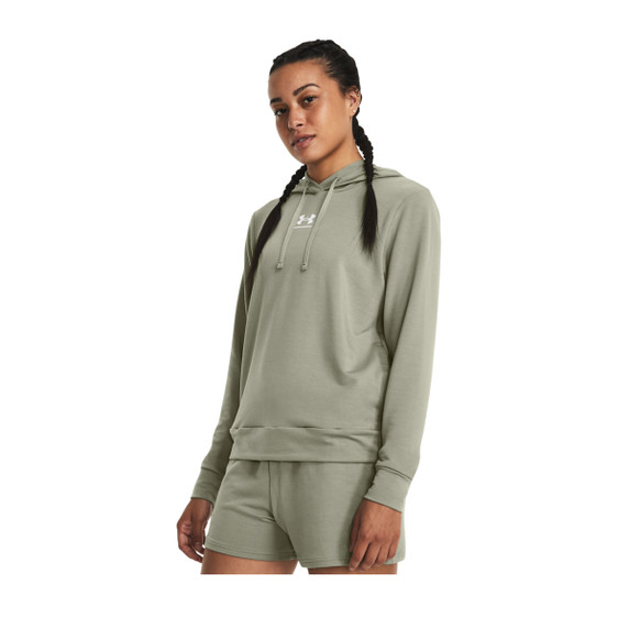 Under Armour Women's Rival Terry Hoodie Model Image in Grove Green