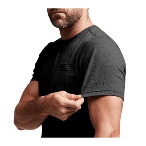 Sitka Essential Short-Sleeve Crew Model Sleeve Image in Sitka Black Heather