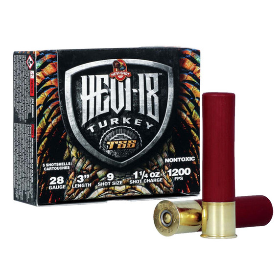 Box and Shells Image of the Hevishot 28 Gauge 3" 1 1/4oz 1200FPS Hevi-18 TSS Turkey Loads.
