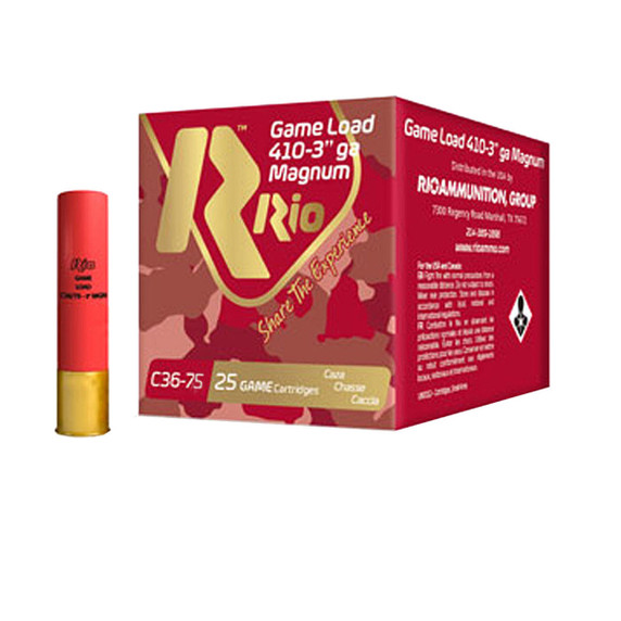 Box and Shell Image of the Rio .410 Gauge 3" 11/16 oz. 7.5 Shot Heavy Game Loads.