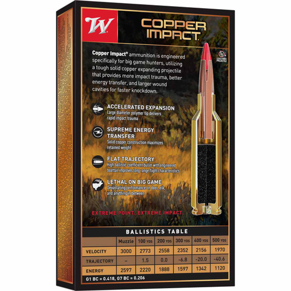 Winchester 270 Winchester 130 Grain Lead Free Copper Impact Rifle Ammunition - Box of 20 Back Image