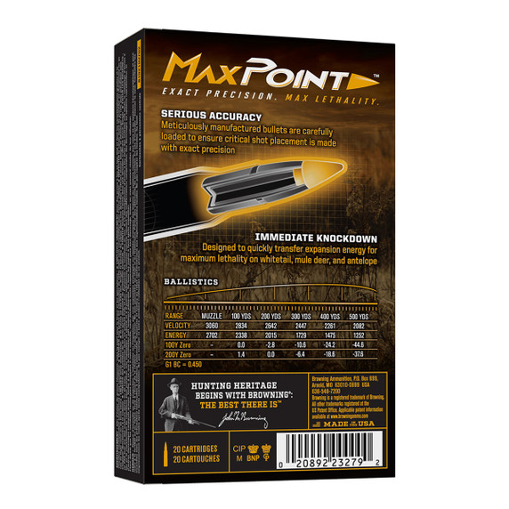 Browning 270 Winchester 130 Grain Max Point Rifle Ammunition, Box of 20 Back Image