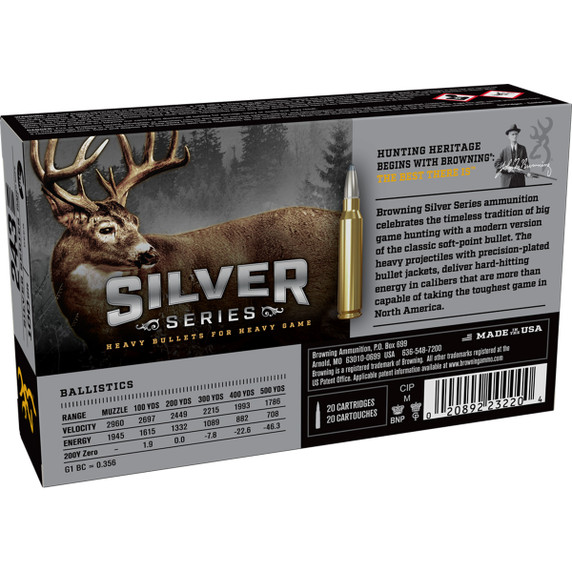Browning 243 Winchester 100 Grain Silver Series Soft Point Rifle Ammunition Front Box Image